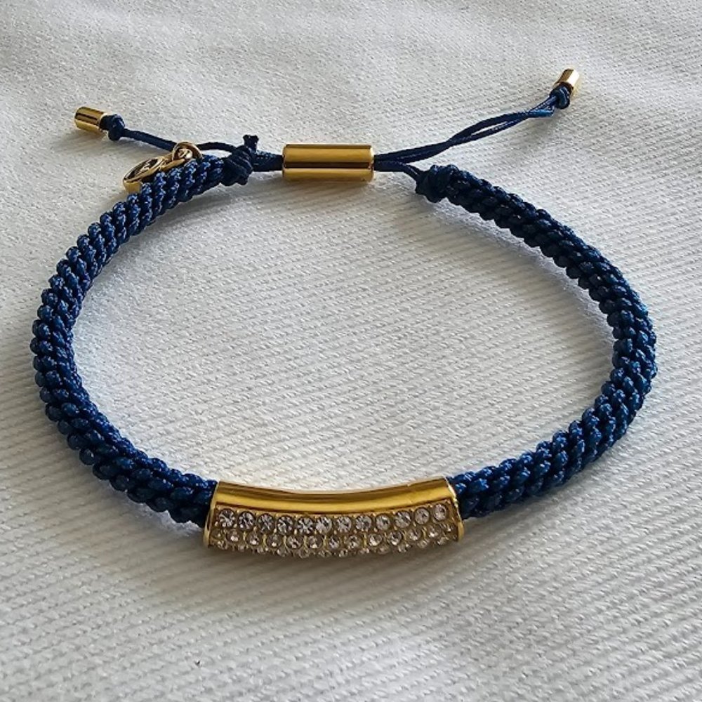 MICHAEL Michael Kors Logo Crystal Bar Slider Blue Rope Bracelet Adjustable NWT